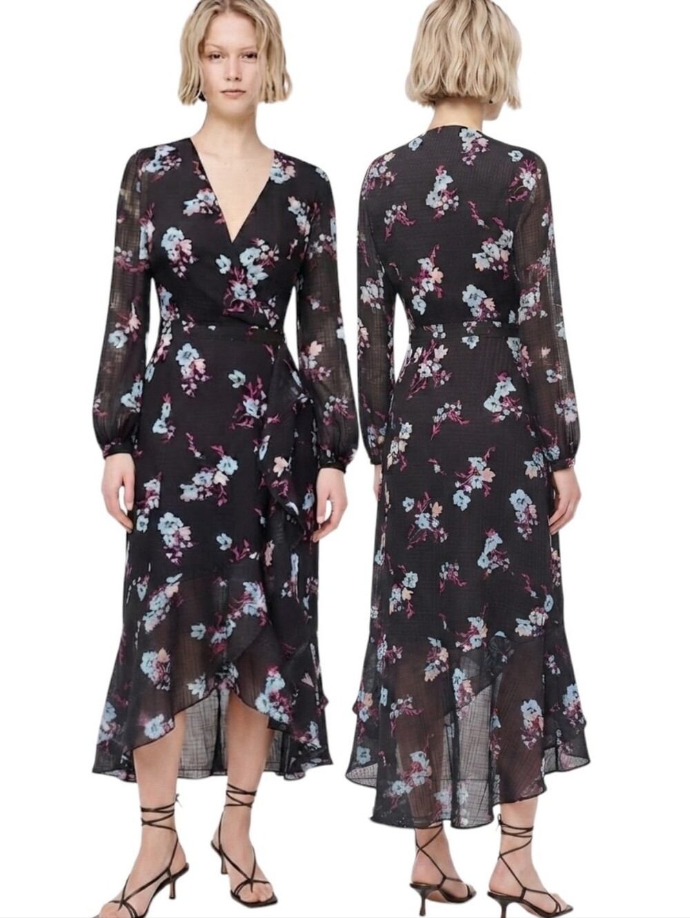 BANANA REPUBLIC Floral Print High Low Faux Wrap Midi Dress - Size 12 - Picture 1 of 16